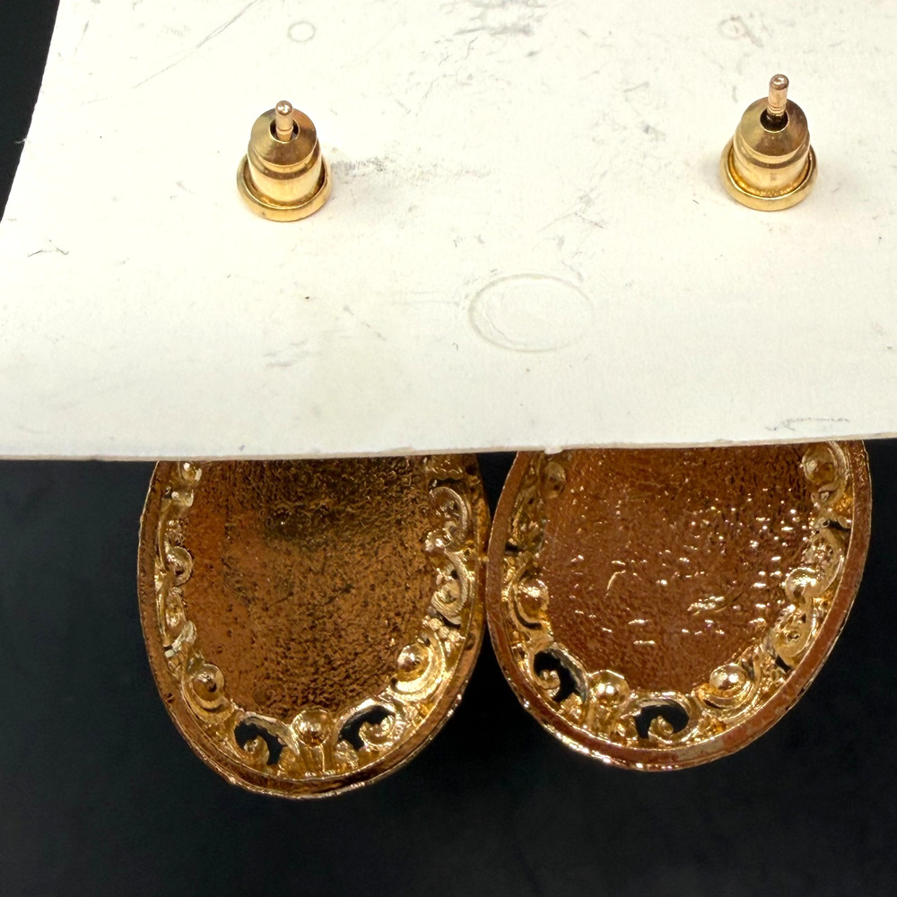 Cameo Style Drop Earrings Black Gold Tone Victorian Lady Oval 24mm - Picture 4 of 7